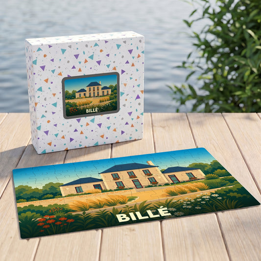 Puzzle souvenir de la ville de Billé avec une illustration stylisée d'une maison de campagne.