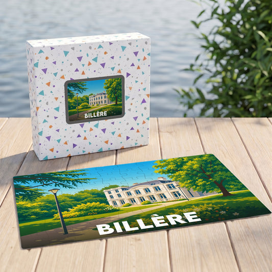 Puzzle souvenir de la ville de Billère avec une illustration stylisée d'un manoir dans un parc.