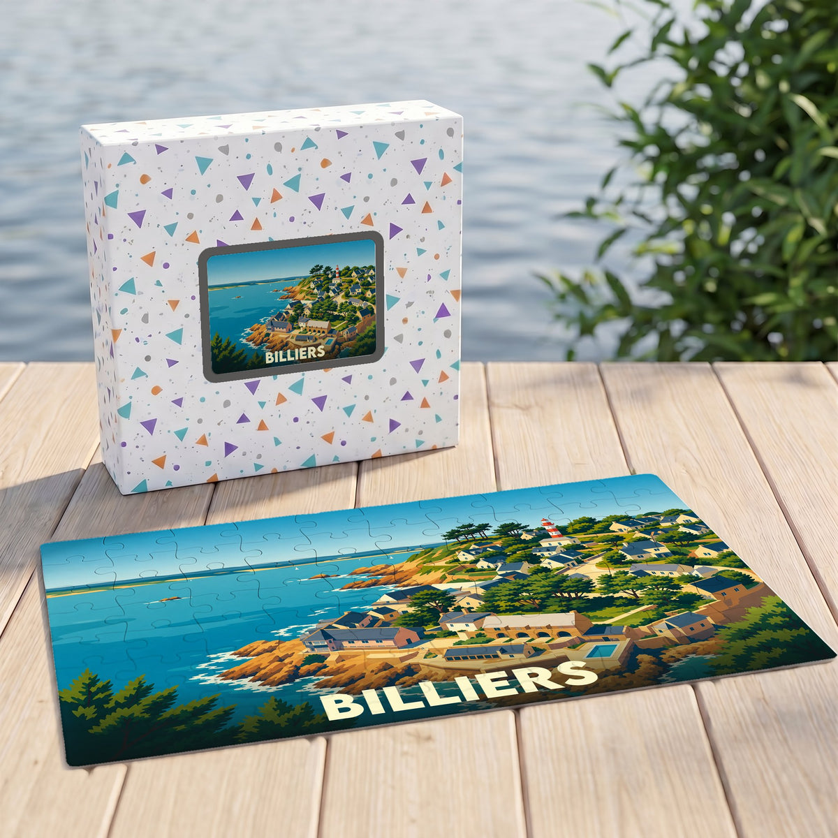 Puzzle souvenir de la ville de Billiers avec une illustration stylisée d'un paysage côtier.