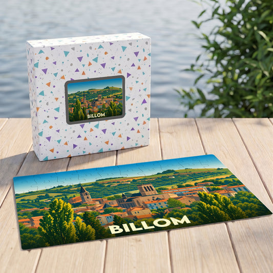 Puzzle souvenir de la ville de Billom avec une illustration stylisée d'un paysage urbain verdoyant.