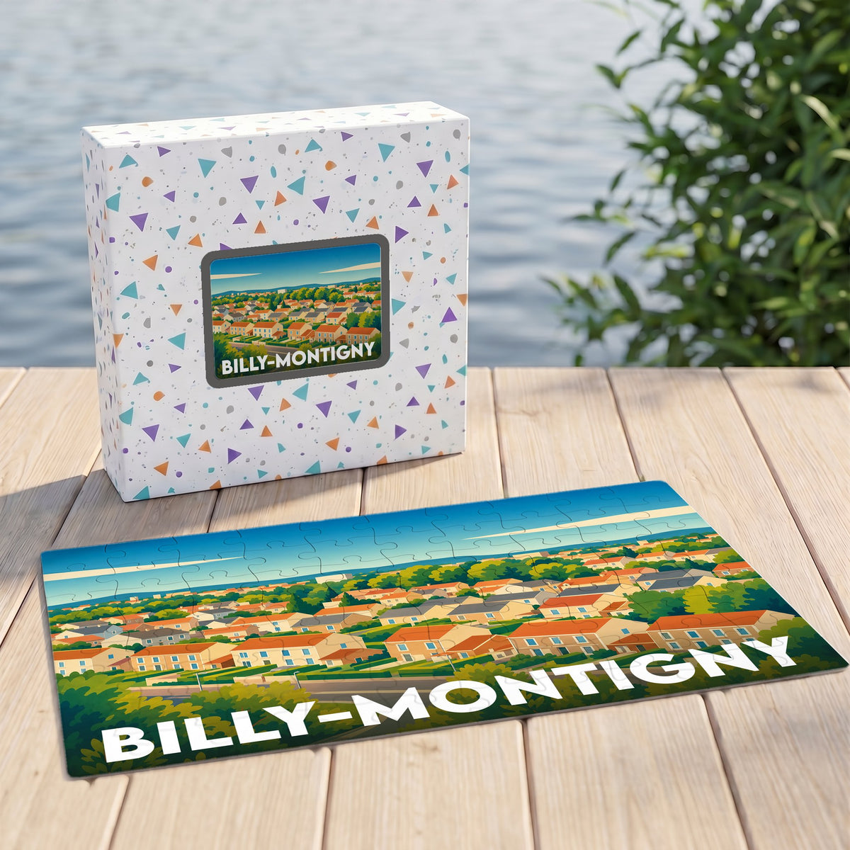 Puzzle souvenir de la ville de Billy-Montigny avec une illustration stylisée d'un paysage urbain.