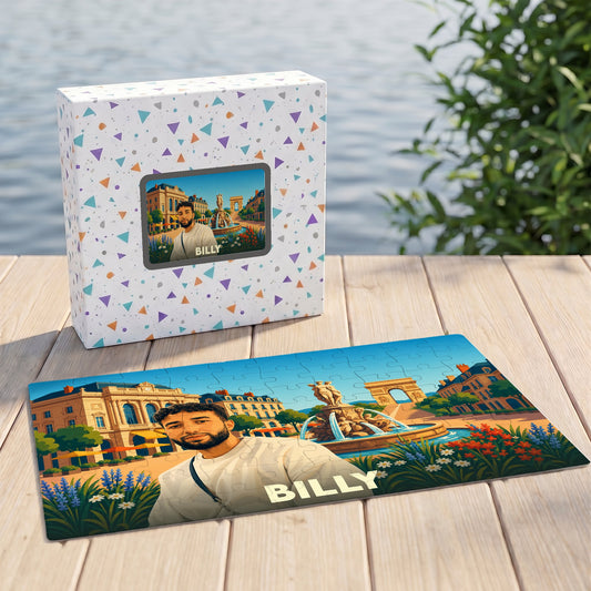 Puzzle souvenir de la ville de Billy avec une illustration stylisée.