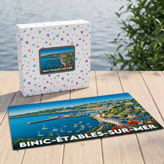 Puzzle souvenir de la ville de Binic-Étables-sur-Mer avec une illustration stylisée du port et de son littoral.