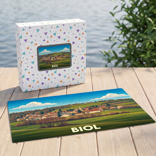 Puzzle souvenir de la ville de Biol illustré d'un paysage champêtre.
