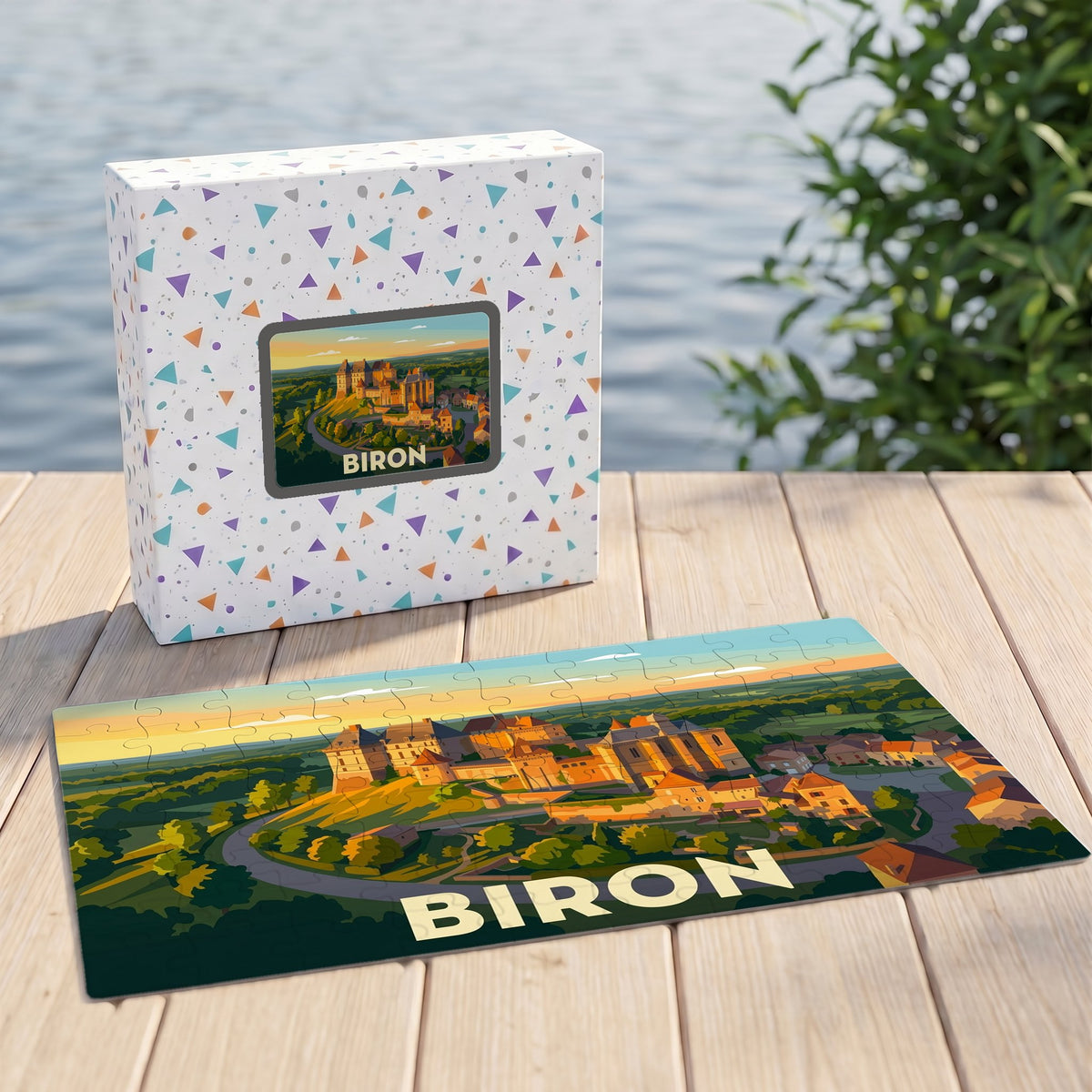 Puzzle souvenir de la ville de Biron avec une illustration stylisée du château et de ses environs.