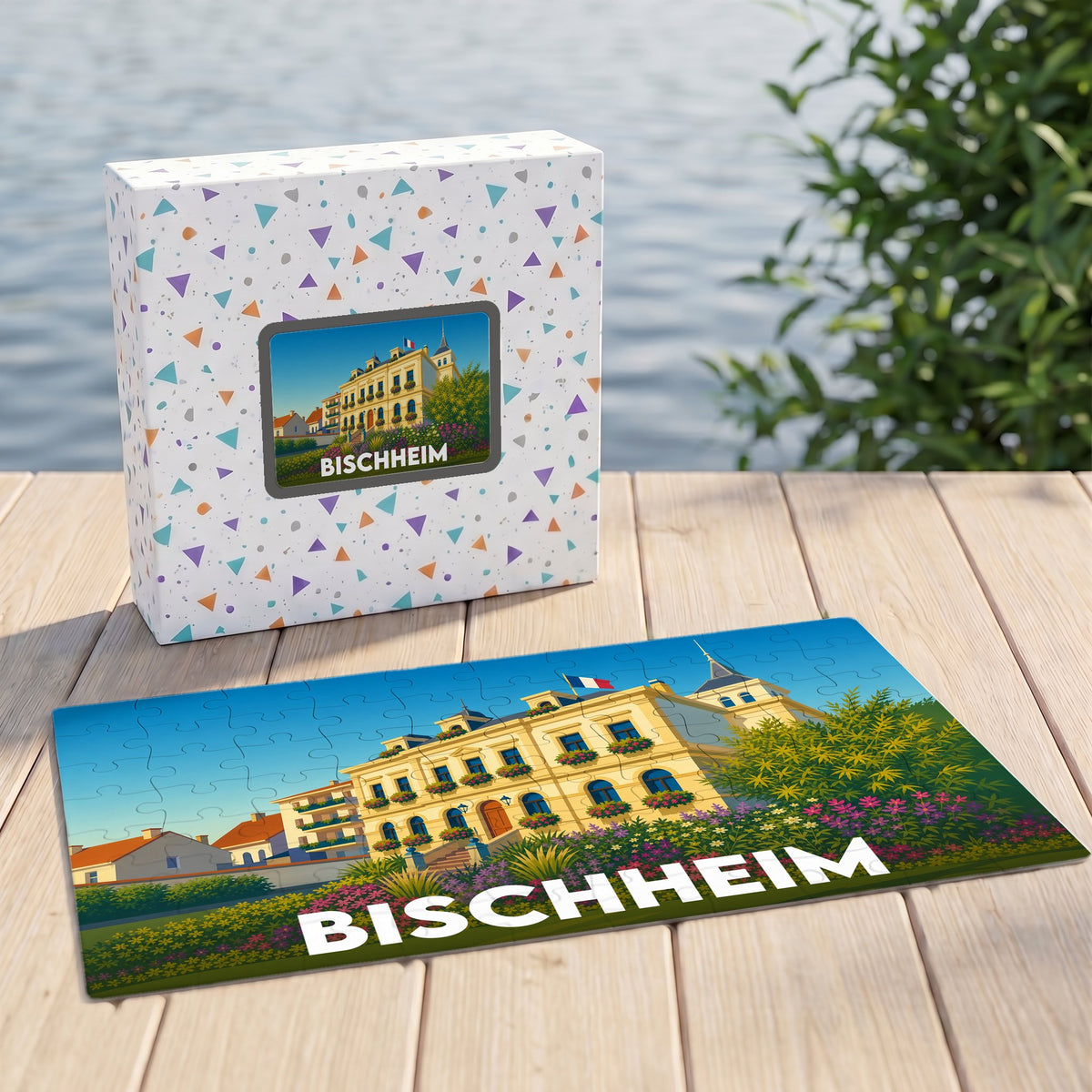 Puzzle souvenir de la ville de Bischheim avec une illustration stylisée de son architecture.