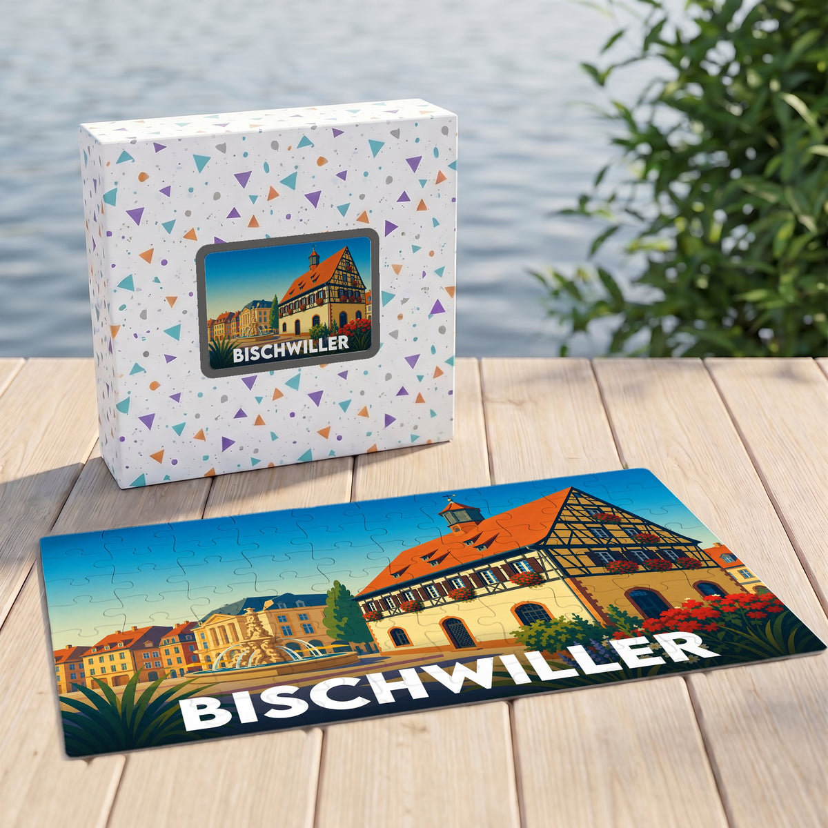 Puzzle souvenir de la ville de Bischwiller illustré par un paysage urbain stylisé et coloré.