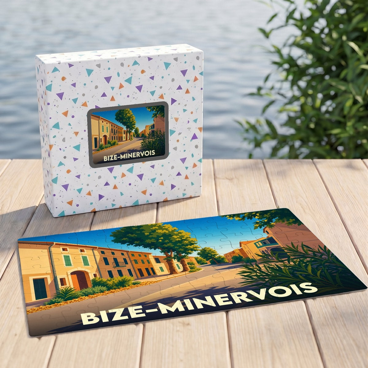 Puzzle souvenir de la ville de Bize-Minervois avec une illustration stylisée et sa boîte assortie.