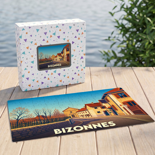 Puzzle souvenir de la ville de Bizonnes avec une illustration stylisée.