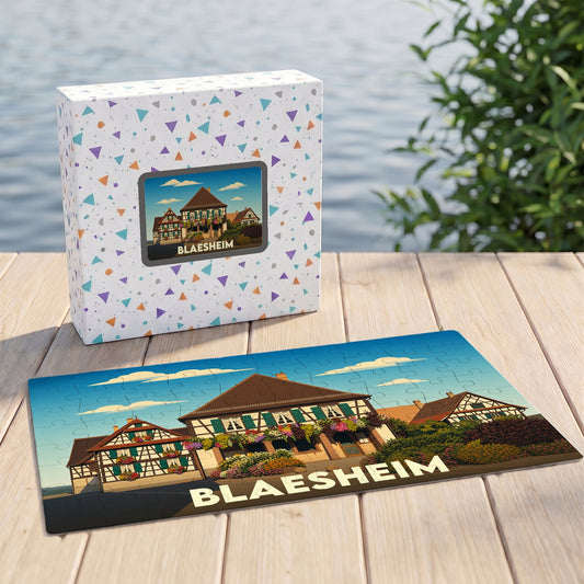 Puzzle souvenir de la ville de Blaesheim avec une illustration stylisée de maisons à colombages.