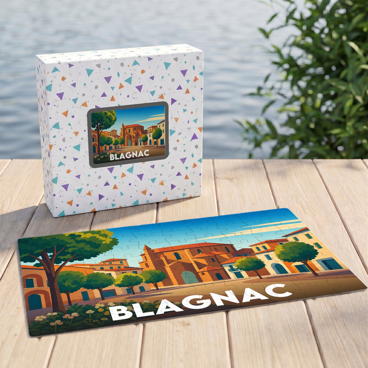Puzzle souvenir de la ville de Blagnac avec une illustration stylisée et colorée du centre historique.
