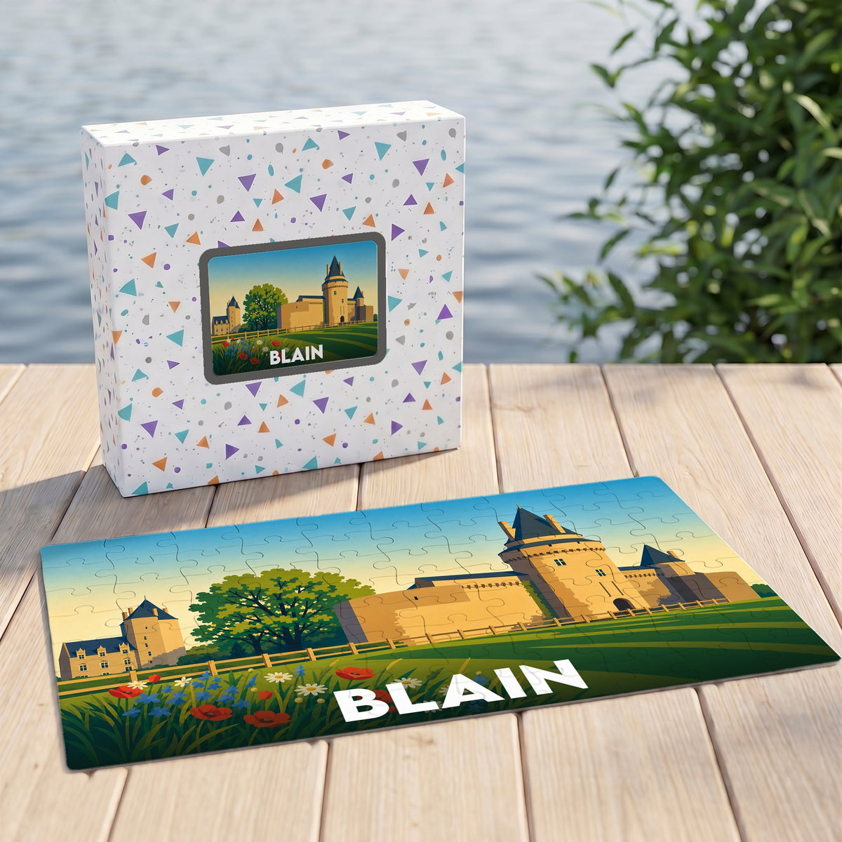 Puzzle souvenir de la ville de Blain représentant son château médiéval avec une illustration stylisée.