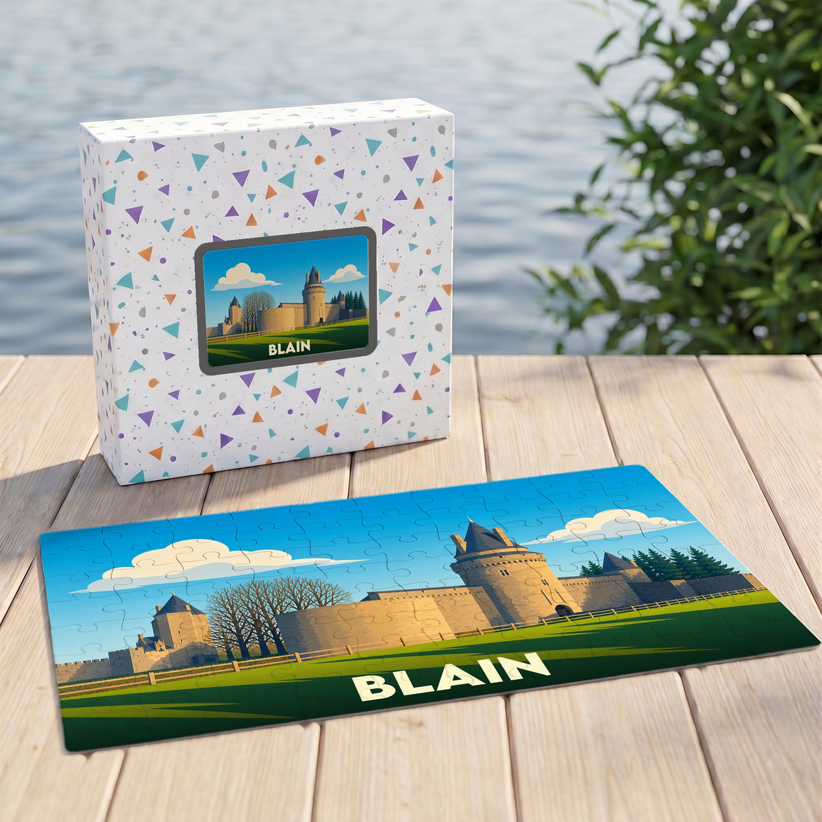 Puzzle souvenir de la ville de Blain représentant son château dans un style illustré.