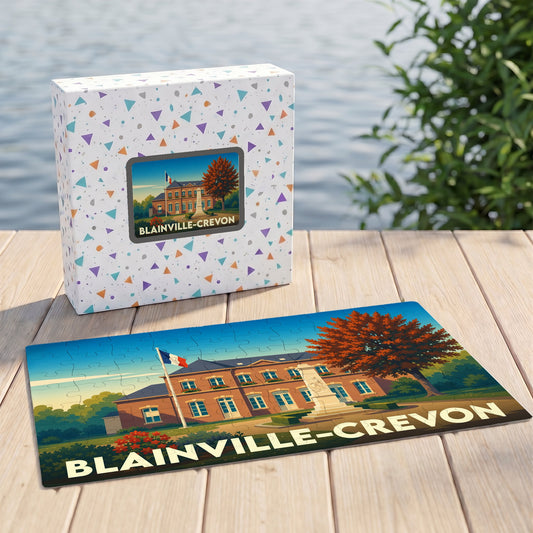 Puzzle souvenir de la ville de Blainville-Crevon avec son illustration stylisée et sa boîte assortie.