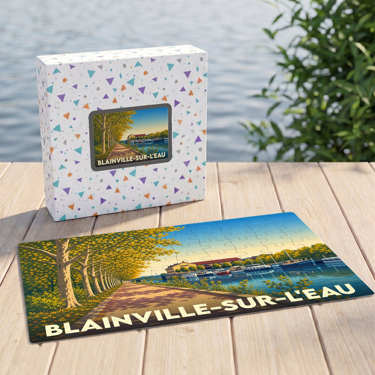 Puzzle souvenir de la ville de Blainville-sur-l'Eau avec une illustration stylisée de son canal bordé d'arbres.