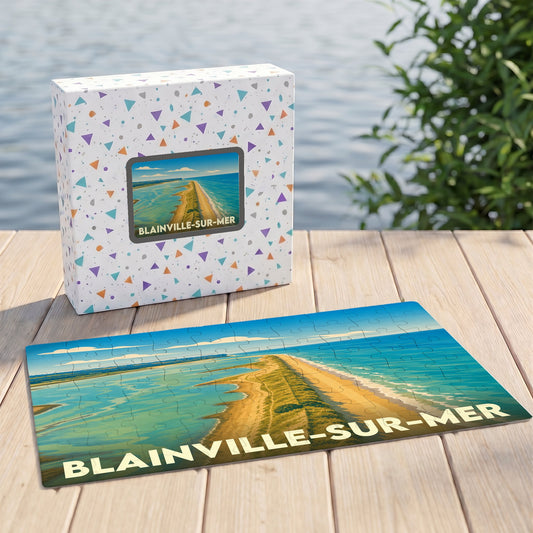 Puzzle souvenir de la ville de Blainville-sur-Mer avec une illustration stylisée de son littoral.
