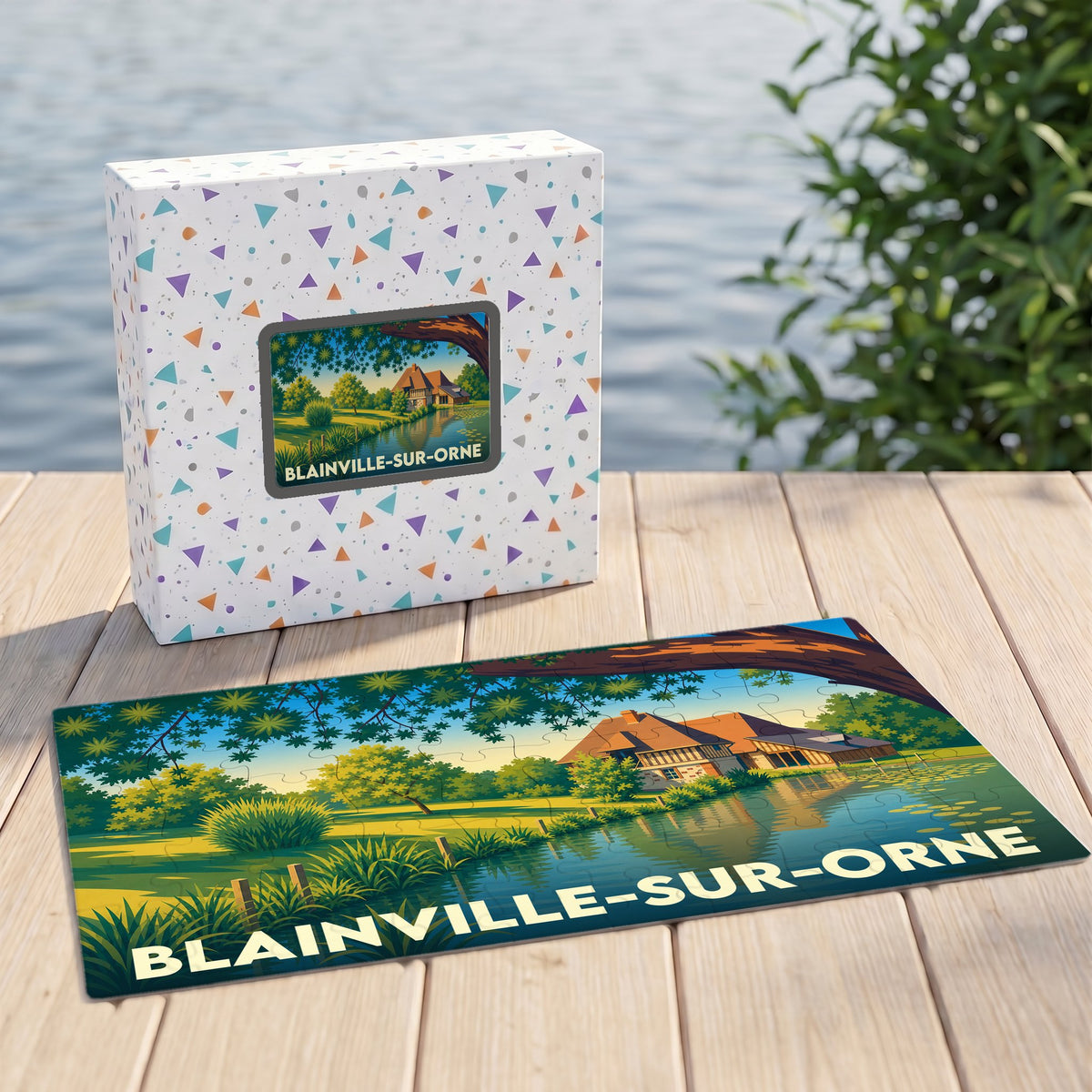 Puzzle souvenir de la ville de Blainville-sur-Orne avec une illustration stylisée de sa campagne au bord de l'eau.
