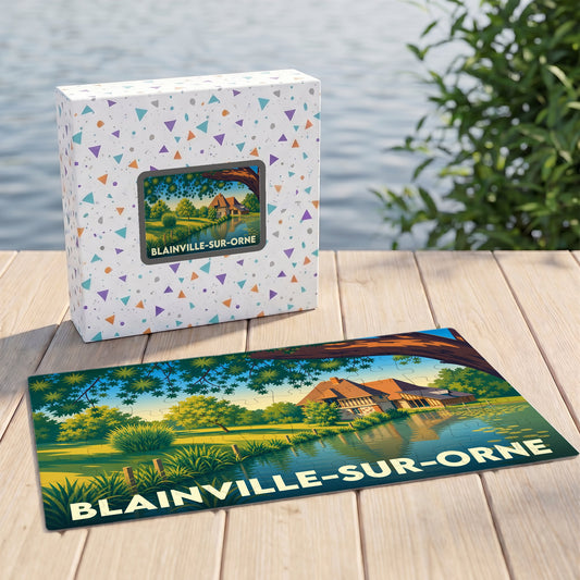 Puzzle souvenir de la ville de Blainville-sur-Orne avec une illustration stylisée de sa campagne au bord de l'eau.