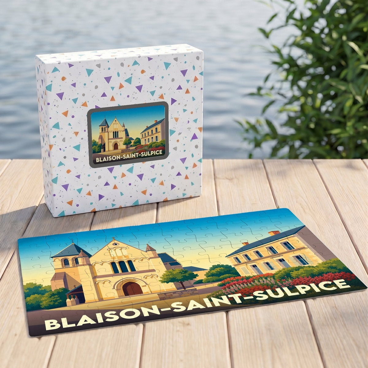 Puzzle souvenir de la commune de Blaison-Saint-Sulpice représentant une illustration colorée de l'église et de son environnement.