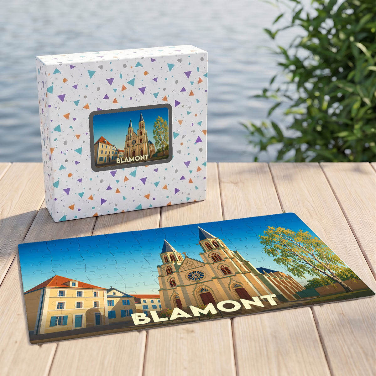 Puzzle souvenir de la ville de Blamont avec une illustration stylisée de son église et de ses bâtiments.