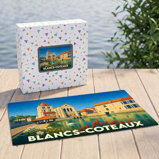 Puzzle souvenir de la ville de Blancs-Coteaux avec une illustration stylisée.