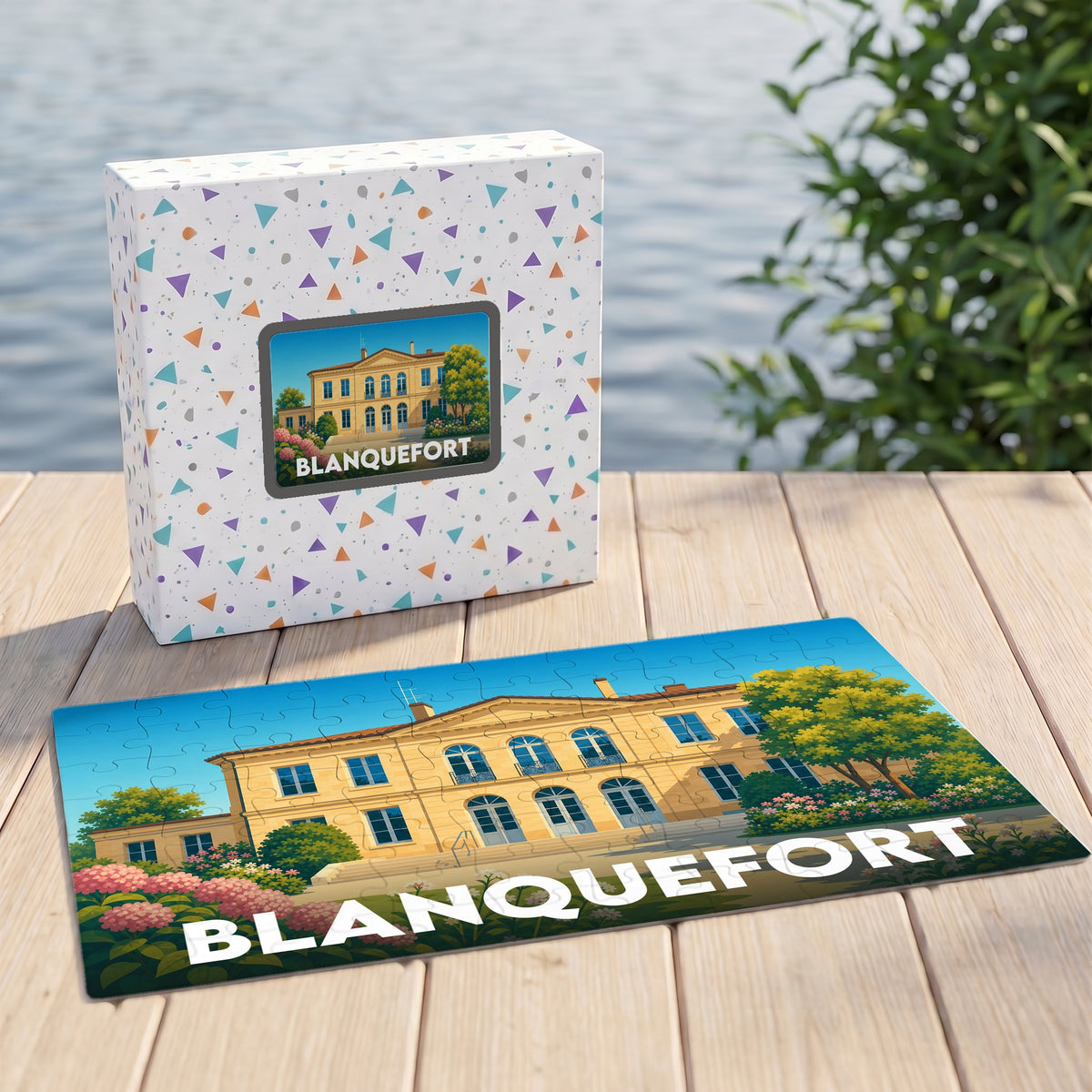 Puzzle souvenir de la ville de Blanquefort avec une illustration stylisée d'un château.