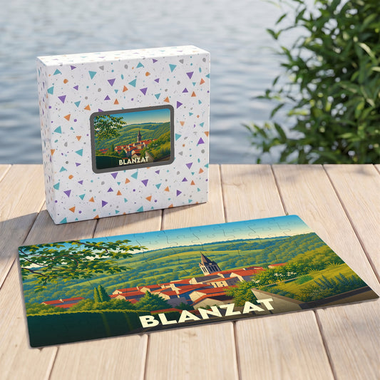 Puzzle souvenir de la ville de Blanzat avec une illustration paysagère stylisée.