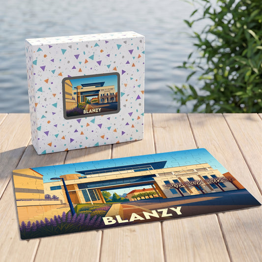 Puzzle souvenir de la ville de Blanzy accompagné de sa boîte, illustrant un paysage urbain stylisé.