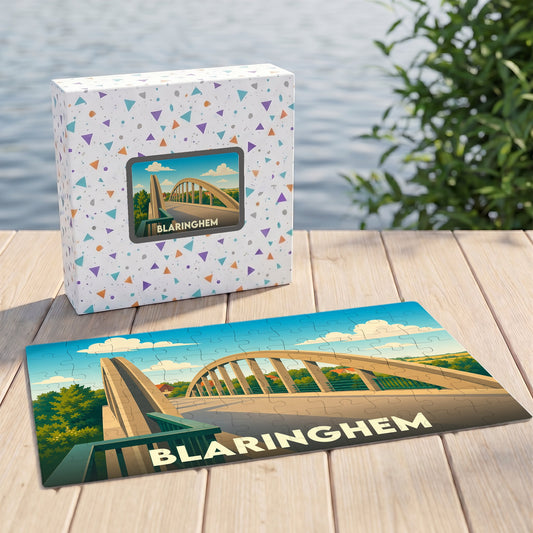 Puzzle souvenir de la ville de Blaringhem illustrant son pont sur un fond graphique coloré.