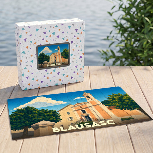 Puzzle souvenir de la ville de Blausasc avec une illustration stylisée de son église et de son clocher.