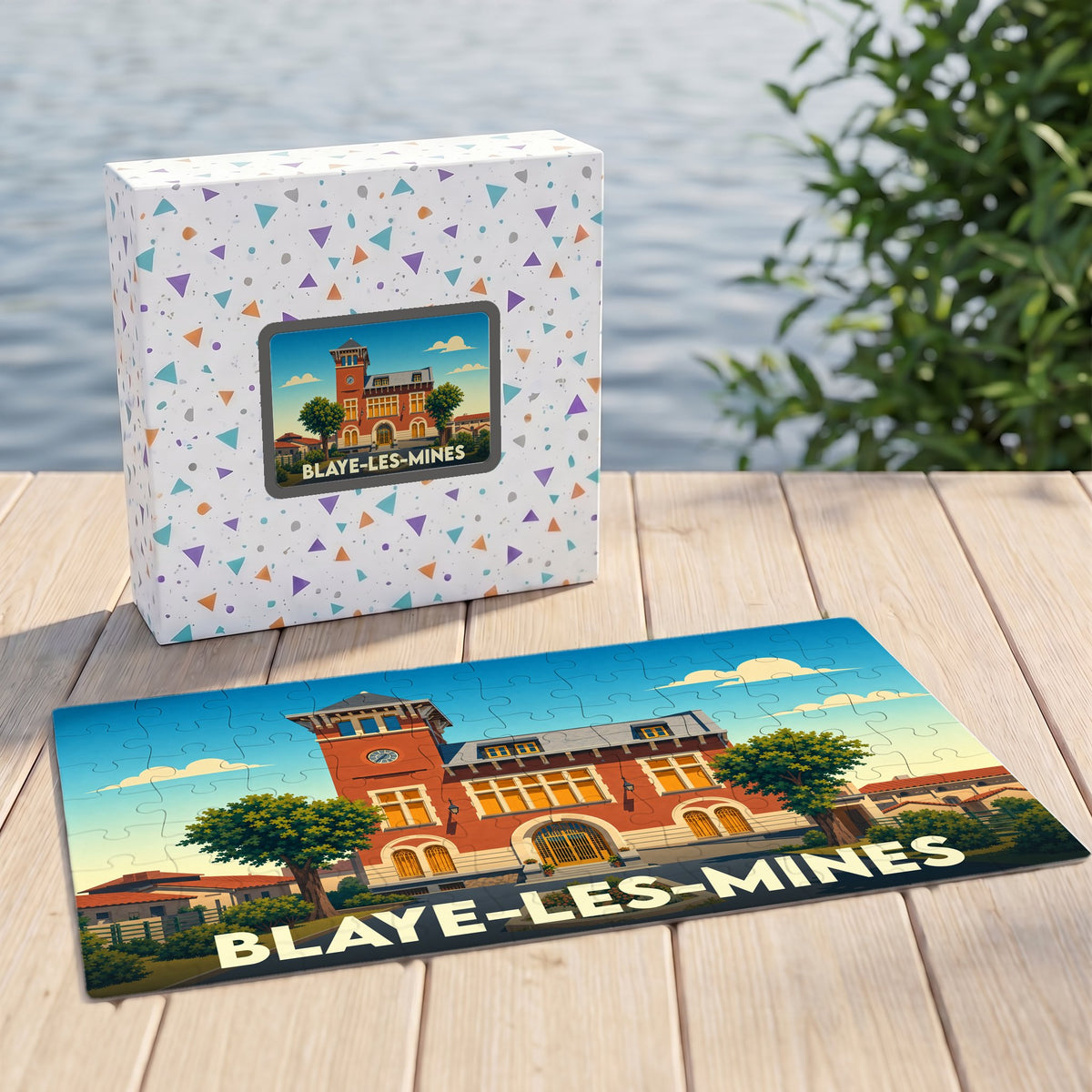 Puzzle souvenir de la ville de Blaye-les-Mines avec une illustration stylisée de son hôtel de ville.
