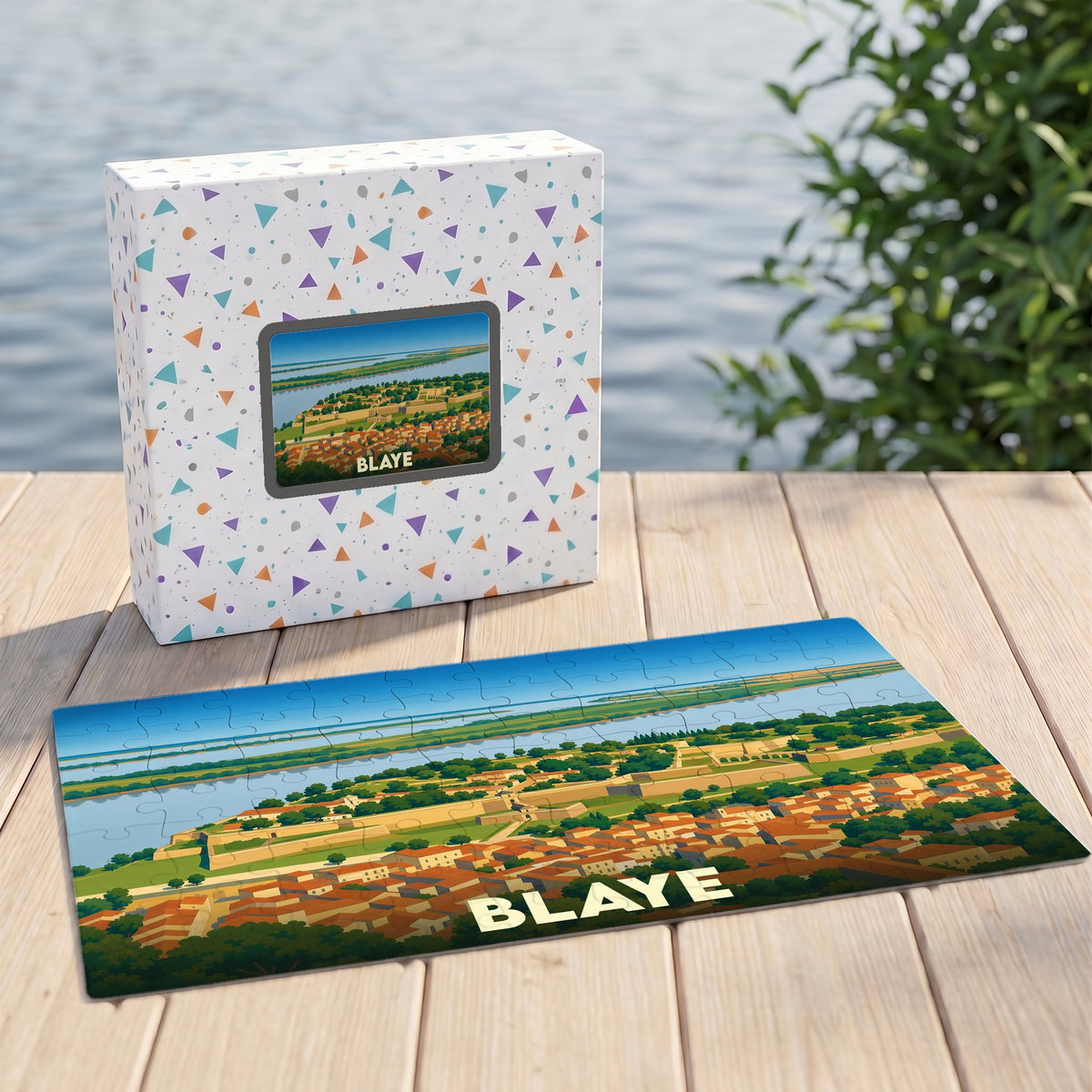 Puzzle souvenir de la ville de Blaye présentant une vue panoramique illustrée de sa citadelle et de l'estuaire.