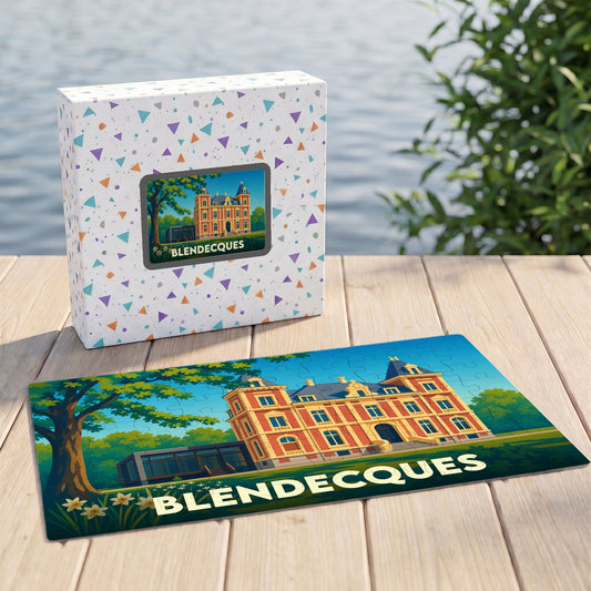 Puzzle souvenir de la ville de Blendecques avec une illustration stylisée d'un château.