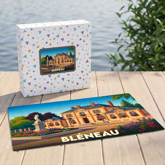 Puzzle souvenir de la ville de Bléneau illustré par une vue stylisée de son château.