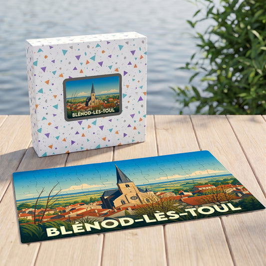 Puzzle souvenir de la ville de Blénod-lès-Toul avec une illustration stylisée de son église et de ses toits.