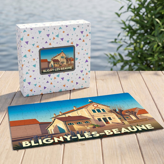 Puzzle souvenir de la ville de Bligny-lès-Beaune avec une illustration stylisée.