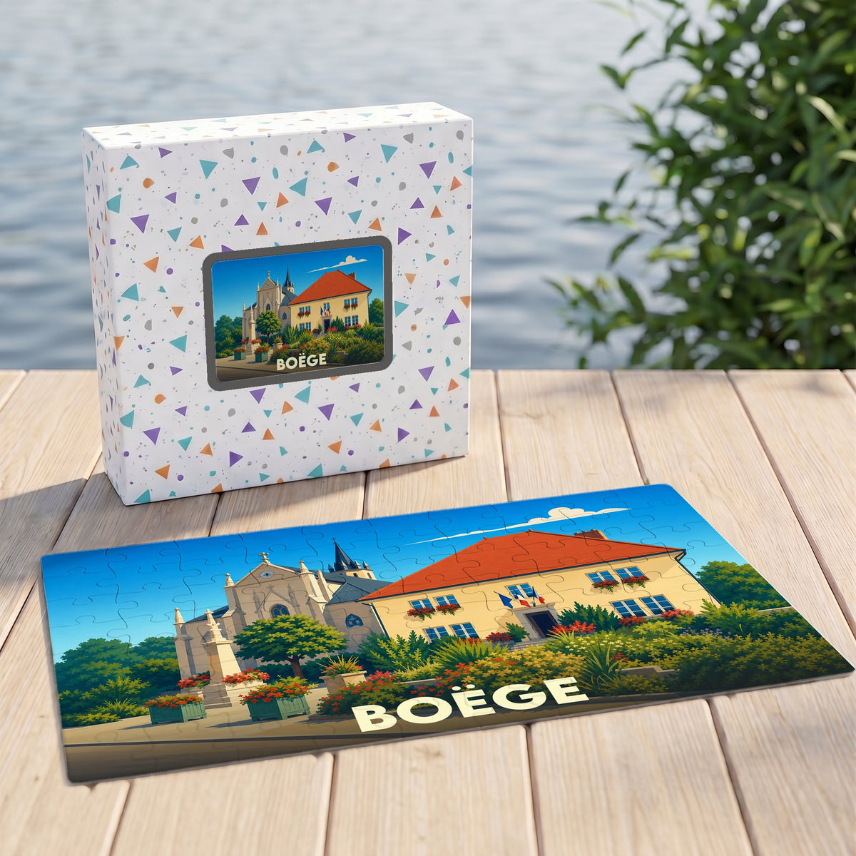 Puzzle souvenir de la ville de Boëge avec une illustration stylisée et colorée.