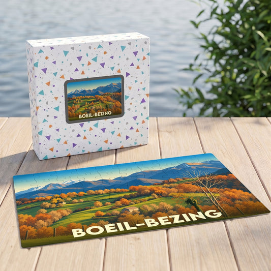 Puzzle souvenir de la ville de Boeil-Bezing avec une illustration de paysage automnal et montagneux.