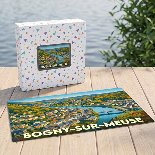 Puzzle souvenir de la ville de Bogny-sur-Meuse avec une illustration panoramique stylisée.