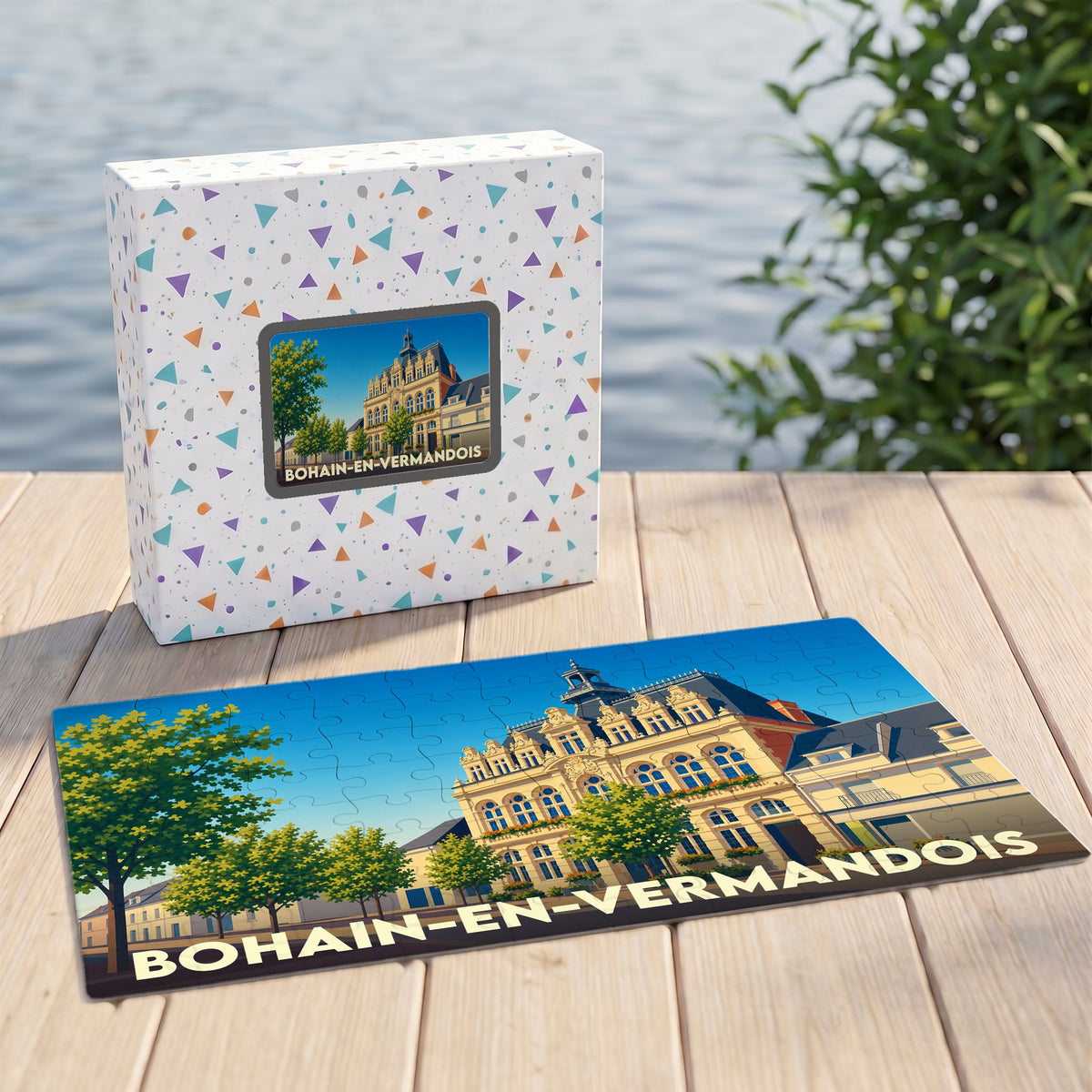 Puzzle souvenir de la ville de Bohain-en-Vermandois avec une illustration stylisée de son hôtel de ville.