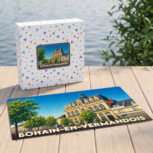 Puzzle souvenir de la ville de Bohain-en-Vermandois avec une illustration stylisée de son hôtel de ville.