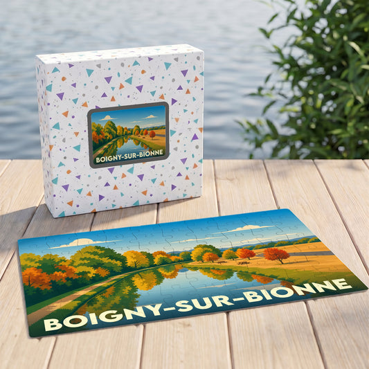 Puzzle souvenir de la ville de Boigny-sur-Bionne avec une illustration stylisée de son paysage fluvial.