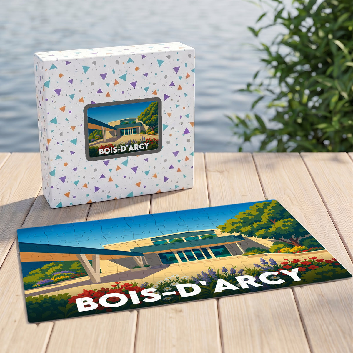 Puzzle souvenir de la ville de Bois-d'Arcy avec une illustration stylisée et colorée.