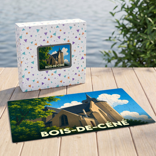 Puzzle souvenir de la ville de Bois-de-Céné avec une illustration stylisée de son église.