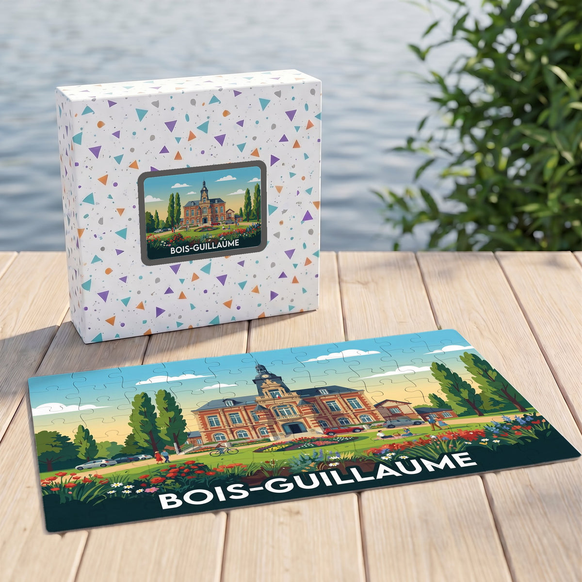Puzzle souvenir de la ville de Bois-Guillaume avec une illustration colorée et stylisée de son hôtel de ville.