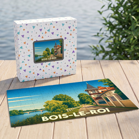Puzzle souvenir de la ville de Bois-le-Roi avec une illustration stylisée des bords de Seine.