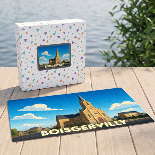 Puzzle souvenir de la ville de Boisgervilly avec une illustration stylisée d'une église sous un ciel bleu.