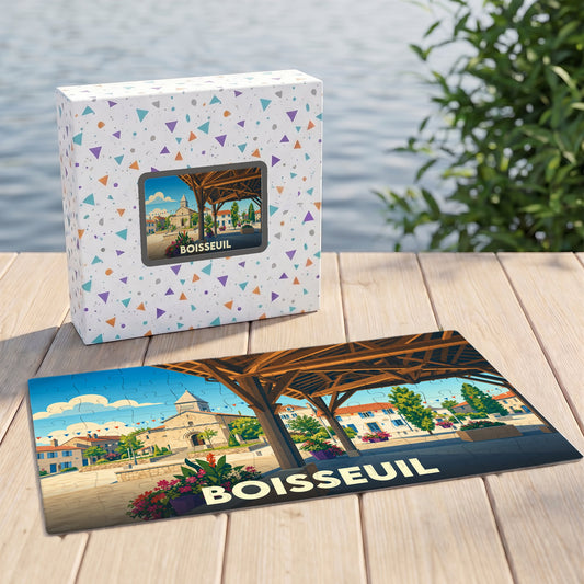 Puzzle souvenir de la ville de Boisseuil avec son emballage et une illustration stylisée.
