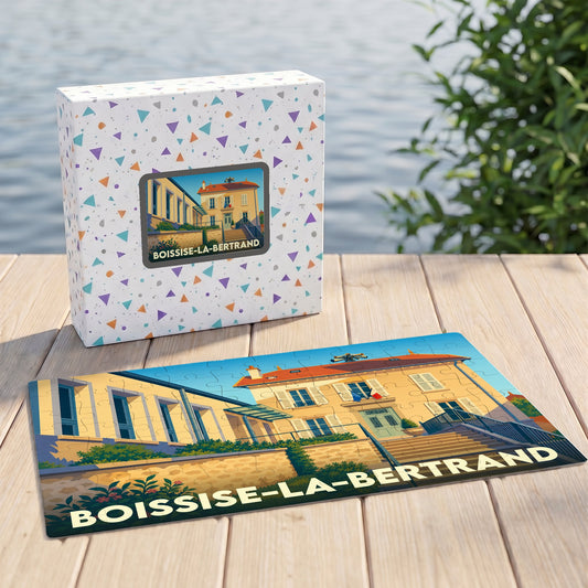 Puzzle souvenir de la ville de Boissise-la-Bertrand avec une illustration stylisée de sa mairie.