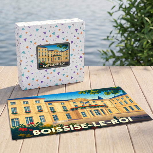 Puzzle souvenir de la ville de Boissise-le-Roi avec une illustration stylisée d'un bâtiment historique.
